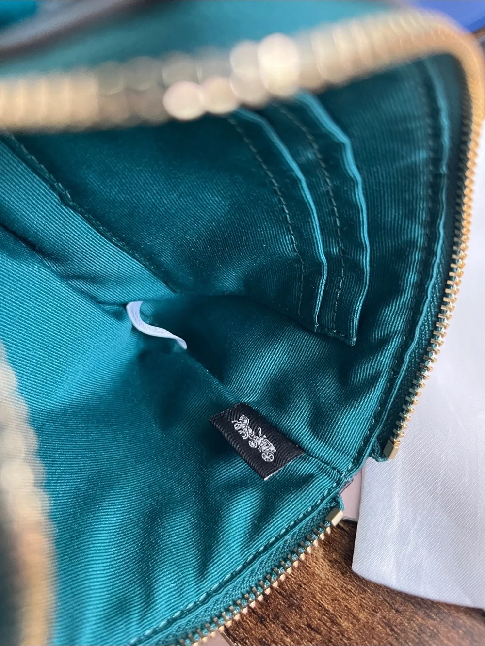 Coach Teal Green Leather Wristlet Pouch with Gold Logo